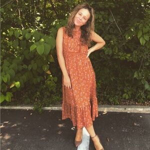 Moon River Orange Ruffled Tiered Maxi Sundress